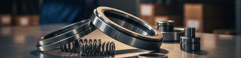 Precision-engineered ball bearings, compression spring, and metal spacers for industrial machinery on metallic surface