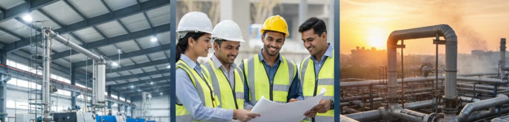 Industrial engineers reviewing blueprints with manufacturing machinery and refinery infrastructure in background
