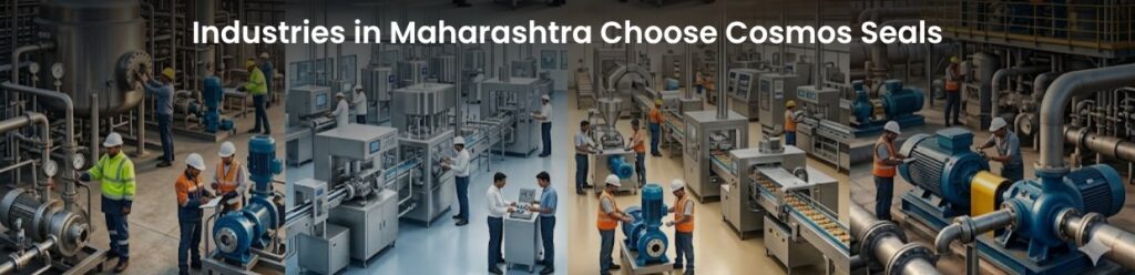 Industrial manufacturing facility in Maharashtra with workers operating pumps, machinery, and production lines using mechanical seals in process industries.