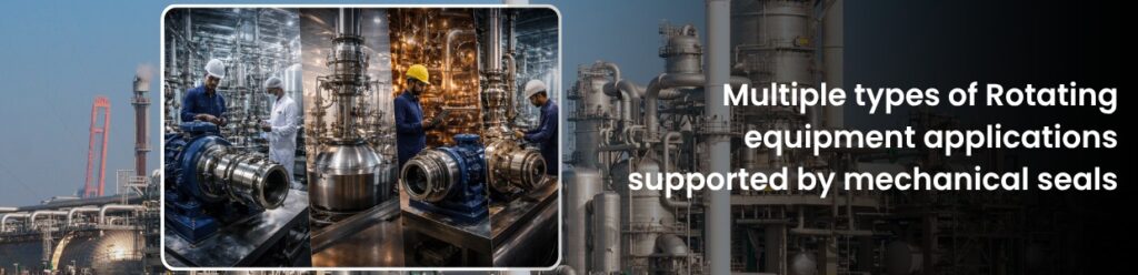 Mechanical seals supporting rotating equipment applications with engineers working on pumps and industrial machinery in process plants