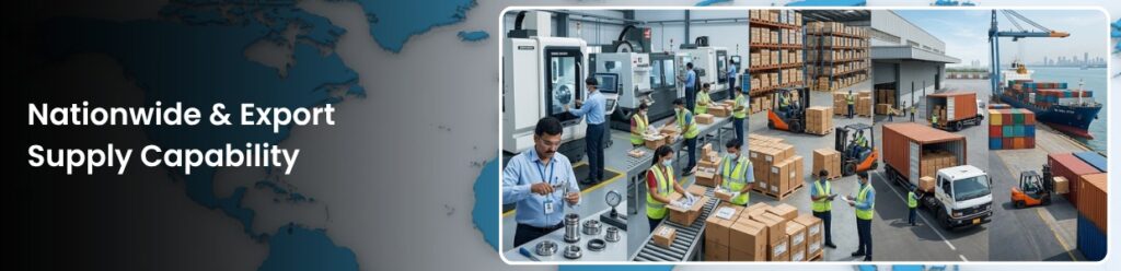 Nationwide and export supply capability with industrial manufacturing, packaging, logistics operations, and cargo shipping showcasing mechanical seal distribution