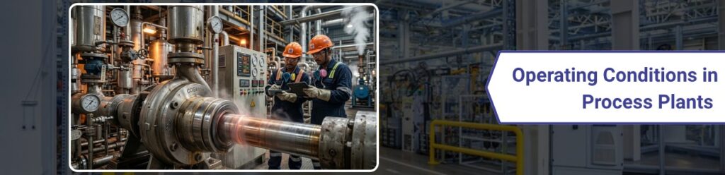 Mechanical seal operating in process plant with technicians monitoring pump system under high temperature and pressure conditions.