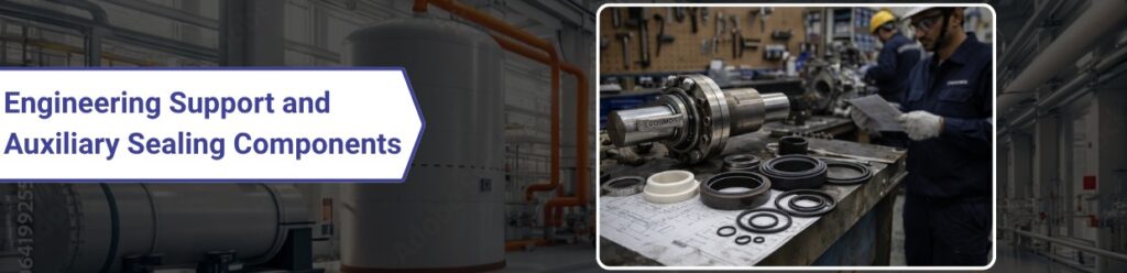 Engineering support and auxiliary sealing components with mechanical seal parts displayed on workbench and technician inspecting industrial equipment