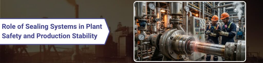 Mechanical sealing system in industrial plant ensuring safety and production stability with engineers monitoring pump and equipment performance