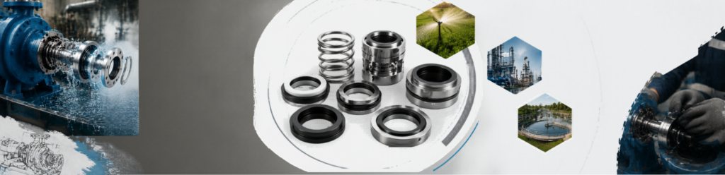 Mechanical seal components and industrial sealing solutions displayed with pump systems, maintenance operations, and process industry applications in a modern industrial setup.