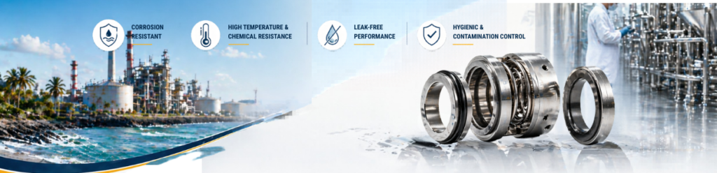 Industrial mechanical seals with features like corrosion resistance, high temperature & chemical resistance, leak-free performance, and hygienic contamination control, set against an industrial and maritime backdrop.