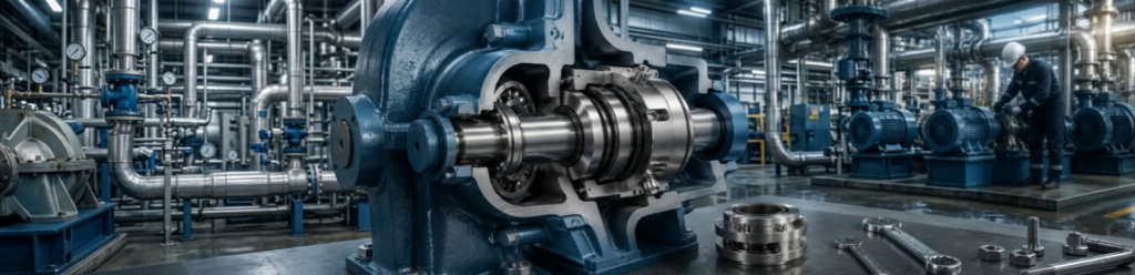 Industrial mechanical seal and pump system in a manufacturing plant with a technician working.