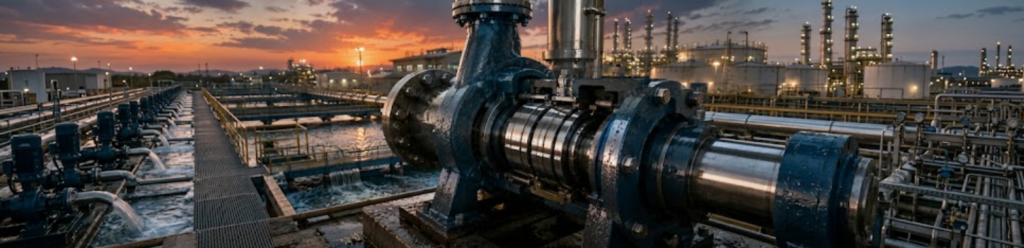 Mechanical seal installed on industrial pumps at a large water treatment and petrochemical facility during sunset.