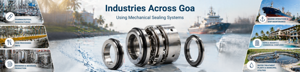 Industries across Goa using mechanical sealing systems, including pharmaceutical manufacturing, food processing, breweries & beverage production, marine operations & ship maintenance, hotels & resorts, and water treatment plants.