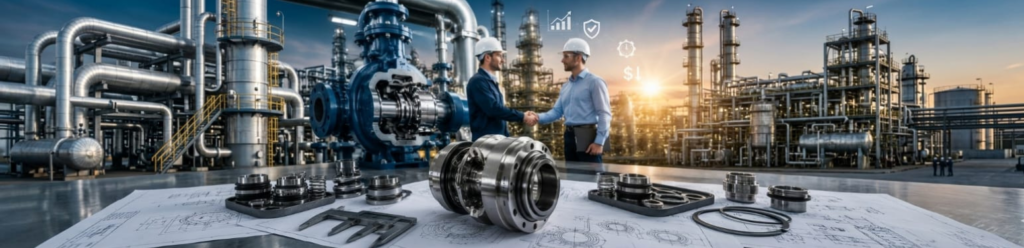 Industrial mechanical seals and engineers shaking hands in a manufacturing plant with a refinery backdrop.