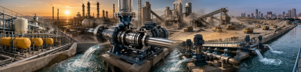 Mechanical seal installed on industrial pumps in a large-scale water treatment and industrial facility with sunset in the background.