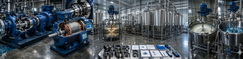 Industrial pumps, stainless steel processing tanks, and precision mechanical seals in a manufacturing plant.
