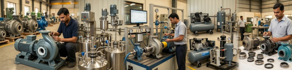Workers assembling and testing mechanical pumps and equipment in an industrial facility, showcasing pump systems, components, and mechanical seals in a manufacturing setup.