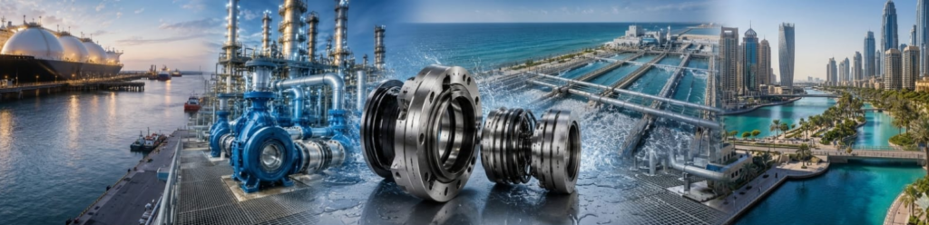 Industrial mechanical seals and refinery infrastructure with waterfront and city skyline backdrop.