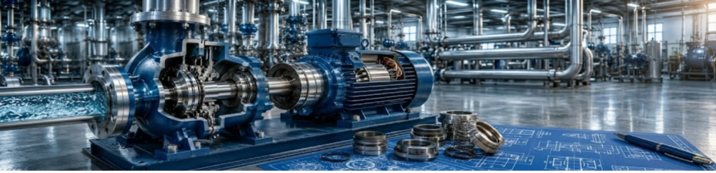 Industrial pump system with mechanical seals and blueprint of parts in a manufacturing plant.