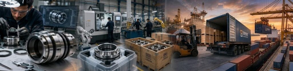Industrial workflow showing precision mechanical parts assembly, quality inspection, and logistics with shipping containers at sunset.