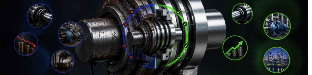 Industrial machinery shaft and sealing system comparison showing damaged and optimized conditions with performance indicators and industrial background visuals.