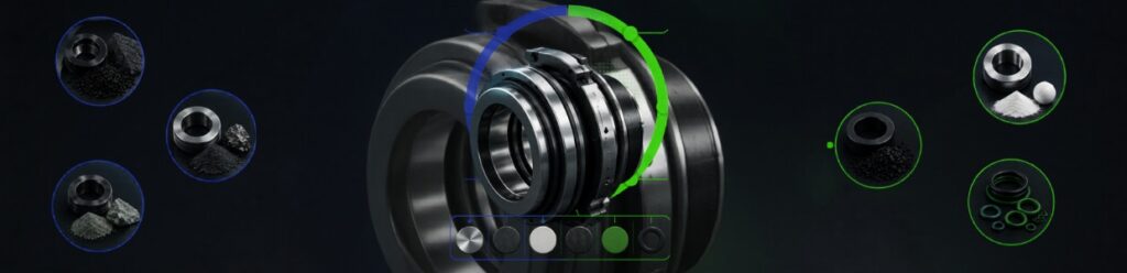 Industrial mechanical seal assembly with material samples and performance indicators showing precision engineering and sealing components in a technical setup.
