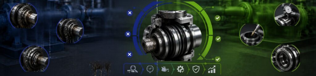 Industrial mechanical seal assembly displayed in a split-performance layout showing damaged and optimized conditions with industrial indicators and monitoring icons.