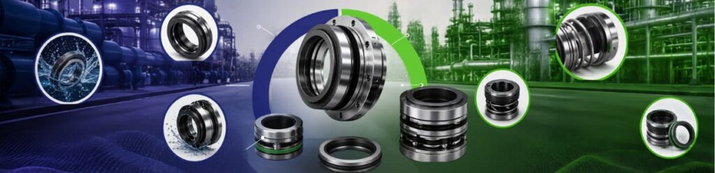 Industrial mechanical seal components displayed across an oil and gas plant background with performance and durability indicators.
