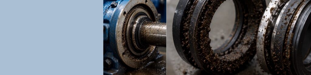 Damaged mechanical seal components showing wear, corrosion, and pump shaft assembly in an industrial environment.