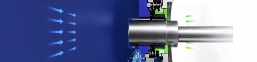 Cross-sectional view of a mechanical seal assembly showing shaft sealing mechanism and fluid flow control.