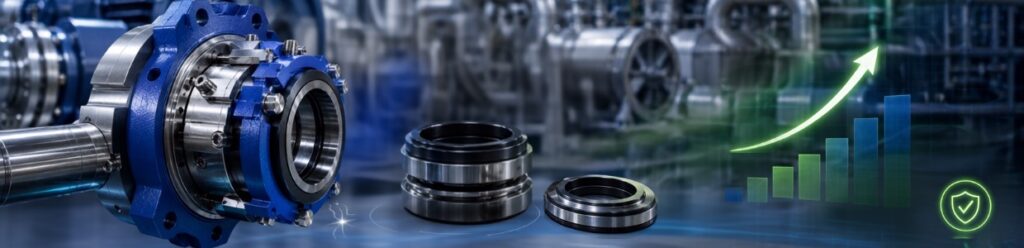 Industrial cartridge mechanical seal with precision seal components displayed in a manufacturing facility, highlighting high-performance sealing solutions for pumps, compressors, mixers, and rotating equipment with enhanced reliability and efficiency | Cosmos Seals
