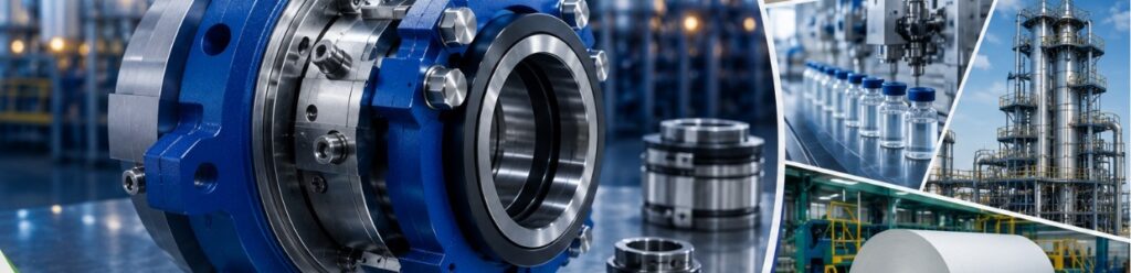 High-performance cartridge mechanical seal showcased for pharmaceutical, chemical processing, and paper manufacturing industries, demonstrating reliable sealing solutions for pumps, mixers, reactors, and rotating equipment across multiple industrial applications | Cosmos Seals