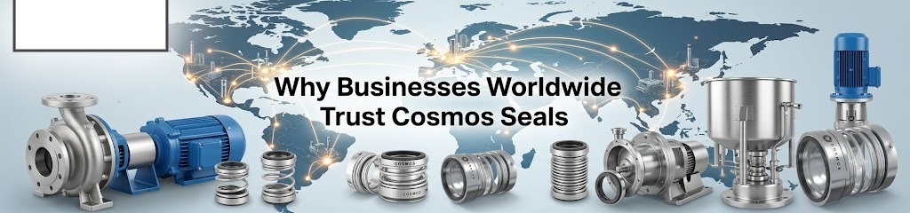 Industrial pumps and precision mechanical seals displayed with a global network map, highlighting Cosmos Seals' trusted sealing solutions for businesses worldwide across manufacturing and process industries | Cosmos Seals